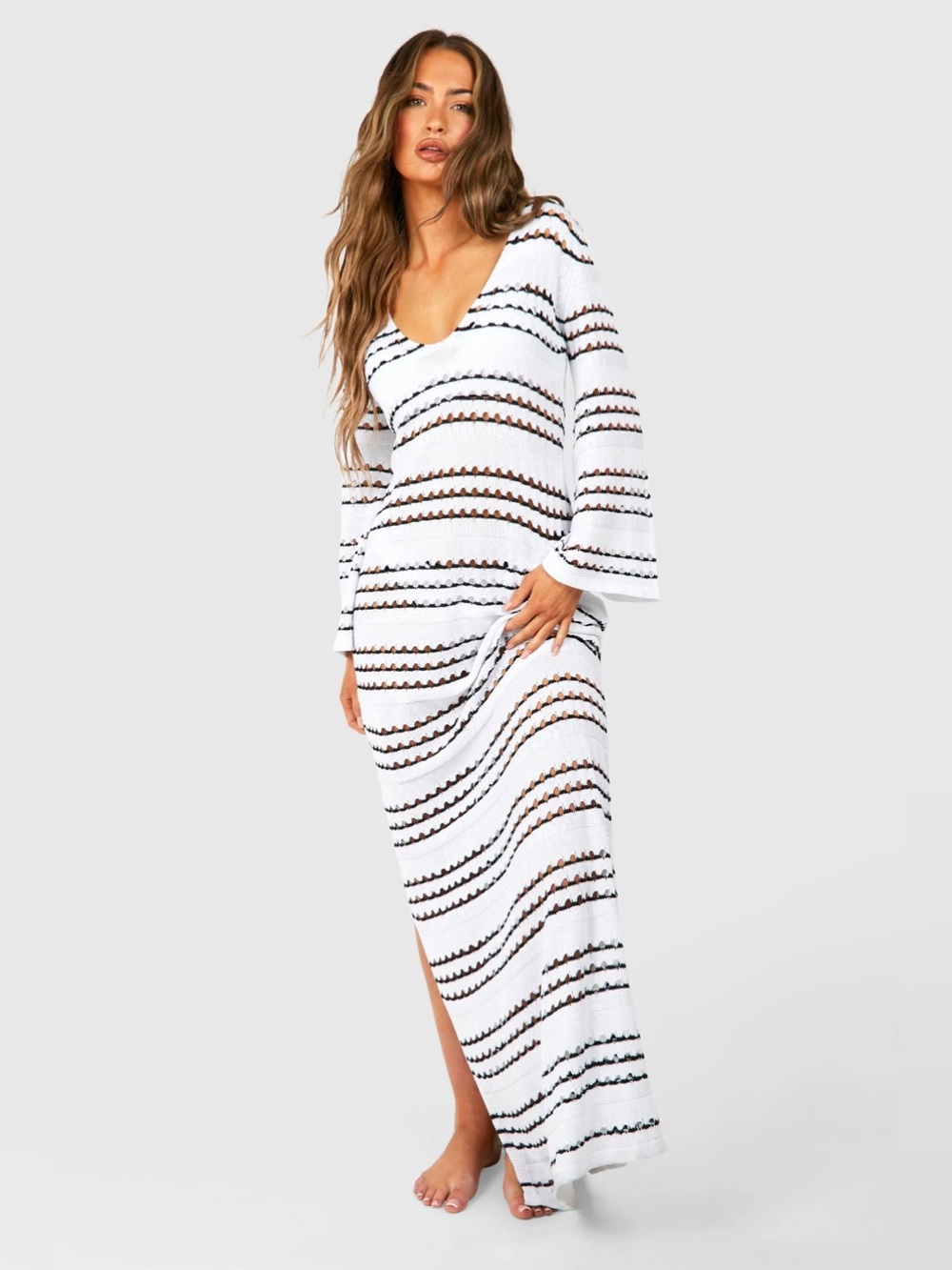 Boohoo | Women’s White & Black Striped Crochet Swim Cover-Up Maxi